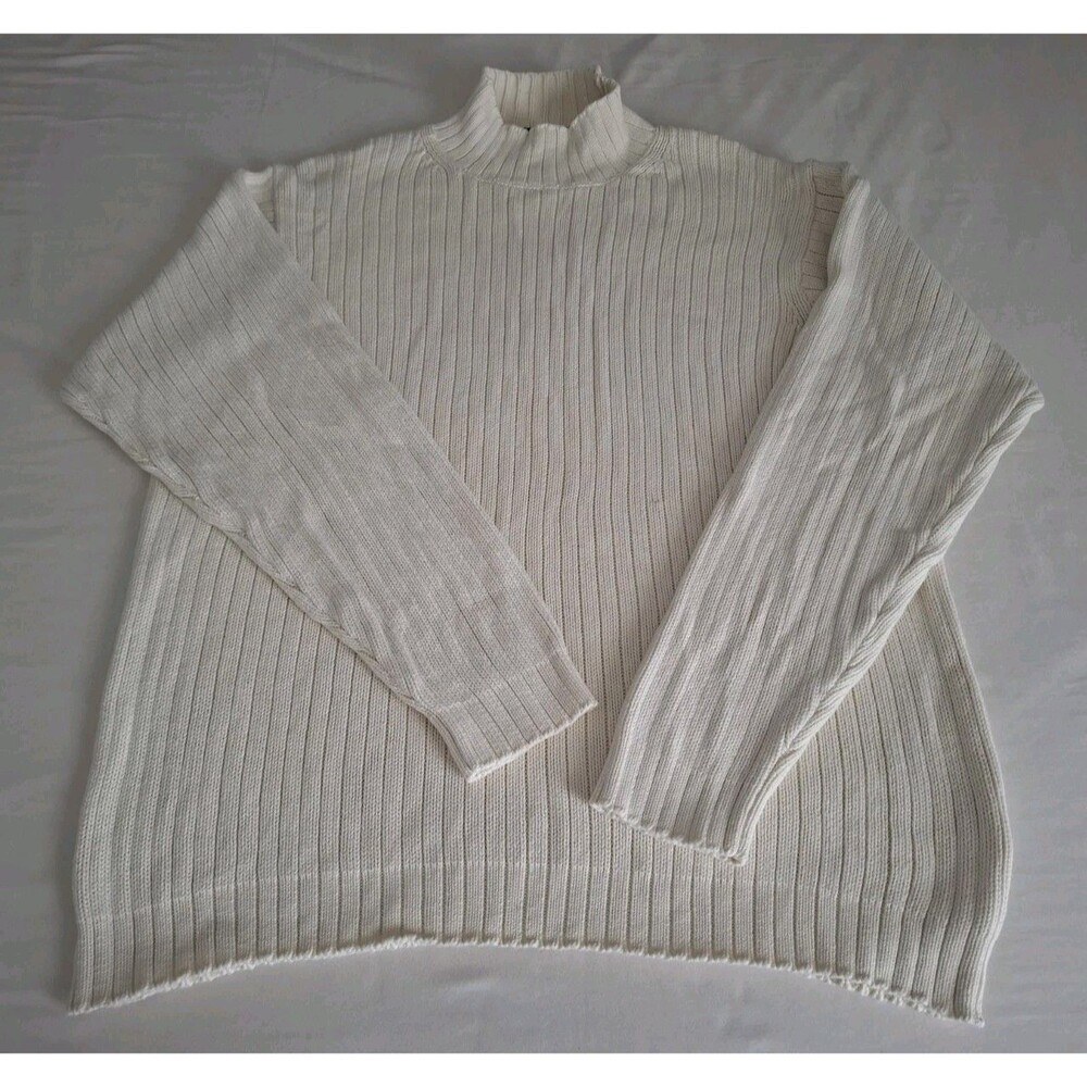 Vtg LL Bean Mens Ribbed Cotton Henley Pullover Sweater Mock Neck Off White XXL